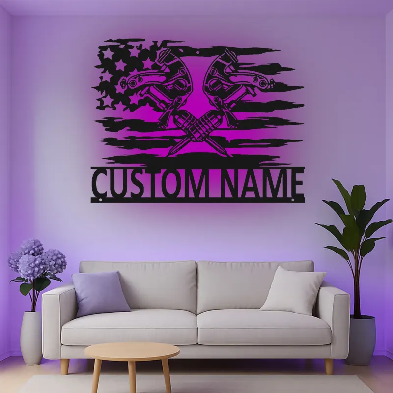 Décoration murale en métal personnalisée avec clés à molette et drapeau américain rétroéclairé - Cadeau pour mécanicien