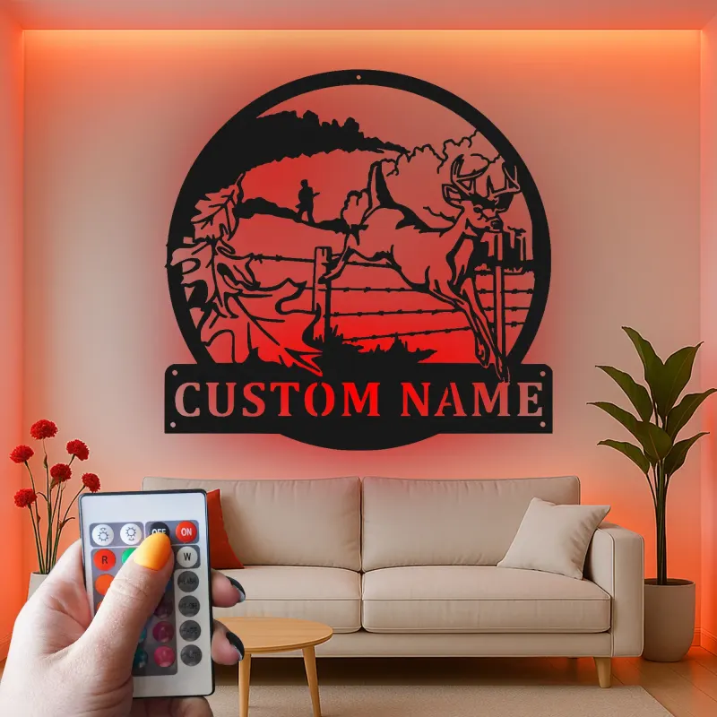 Décoration murale en métal personnalisée pour chasseur de cerfs avec rétroéclairage LED - Cadeau personnalisé pour chasseurs - Décor de cabane rustique 2