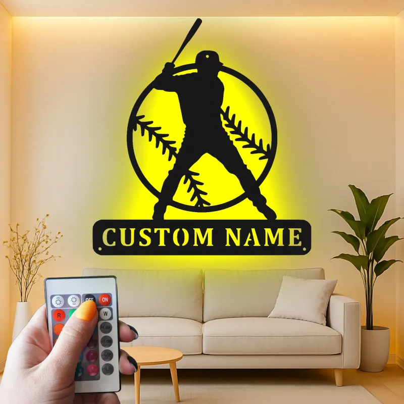 Décoration murale en métal personnalisée joueur de baseball avec rétroéclairage LED