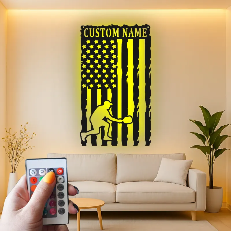 Pickleball Player Metal Wall Art | Custom Name American Flag LED Sign | Patriotic Sports Decor for Home or Gym | Hand-Crafted Steel