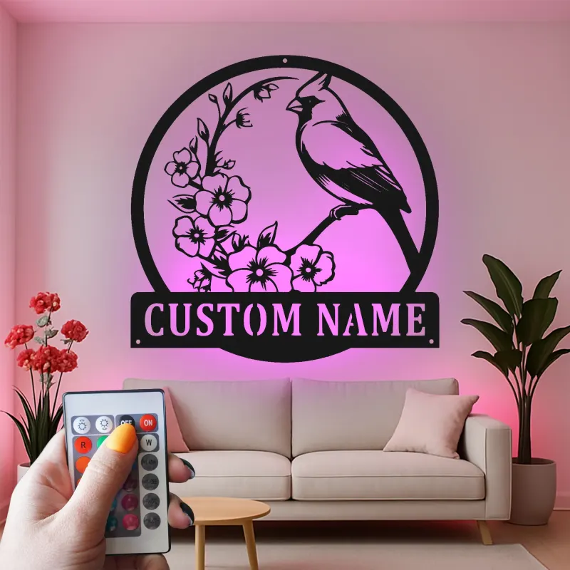 Custom Cardinal and Blossoms Led Light Metal Wall Art Personalized Nature Lover Gift Living Room or Garden Decor