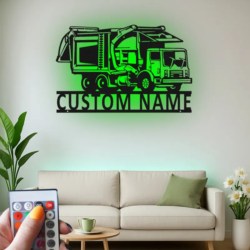 Custom Garbage Truck LED Sign | Personalized Metal Wall Art | Waste Management Driver Gift | Industrial Man Cave Decor