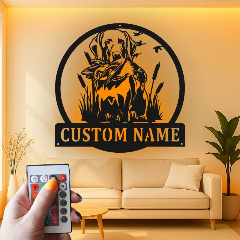 Panneau personnalisé de chien de chasse Labrador | Décoration murale en métal LED personnalisée | Cadeau de chasseur et décor de faune extérieure