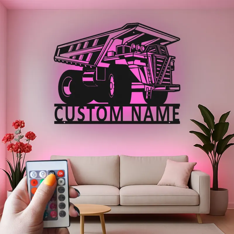 Custom Dump Truck Led Light Metal Wall Art Personalized Gift for Construction Enthusiasts Garage or Kid's Room Decor
