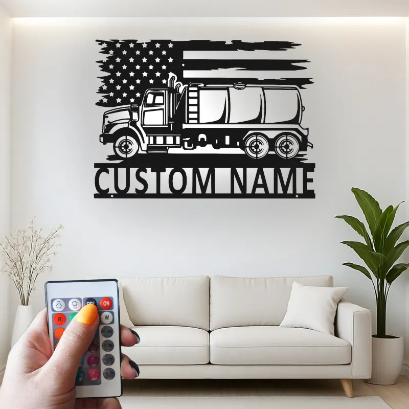Panneau LED Trucker Personnalisé | Décoration Murale en Métal de Camion Citernes Personnalisée | Décor de Garage Drapeau Américain pour Papa