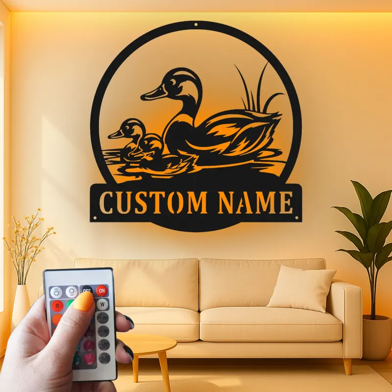 Cartel de metal LED de familia de patos personalizado Regalo para amantes de la naturaleza Decoración de vida silvestre