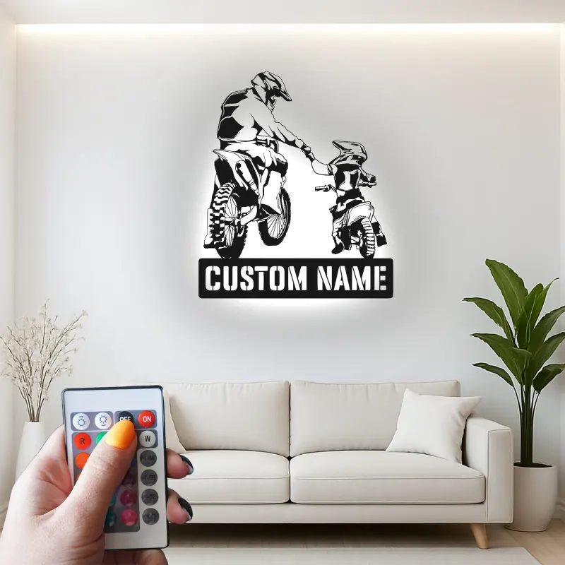 Personalisierte Motocross Vater und Kind LED Metall-Wandkunst – Geschenk für Papa, Garage oder Man Cave Dekor 1