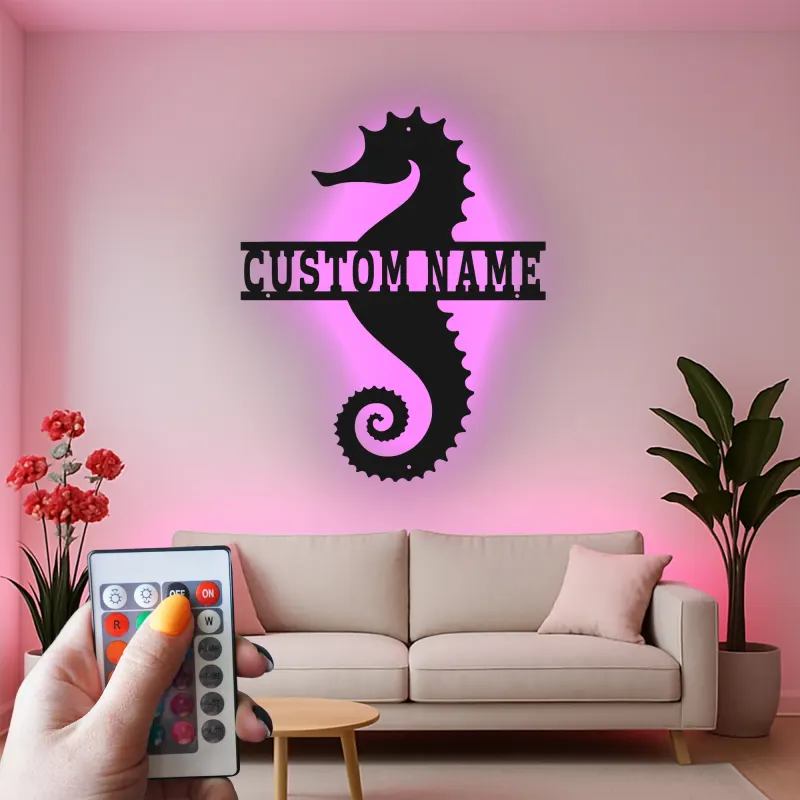 Panneau Métal LED Hippocampe Personnalisé | Décoration Murale Nautique Personnalisée | Décor Maison de Plage & Cadeau pour Amoureux de l'Océan