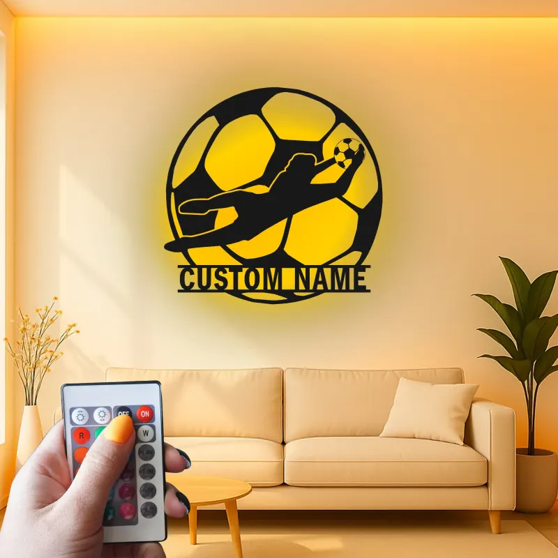 Letrero metálico personalizado de portero | Arte mural LED de fútbol | Decoración con nombre a medida para habitación del jugador | Regalo para aficionados al deporte