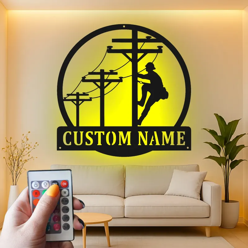 Décoration murale LED en métal pour lineman | Plaque prénom personnalisée pour électricien | Déco pour technicien de ligne