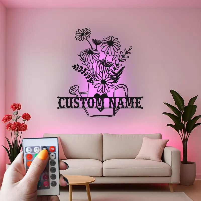 Insegna personalizzata con annaffiatoio | Decorazione murale in metallo LED | Arredo da giardino su misura | Regalo per giardiniere | Accento floreale boho