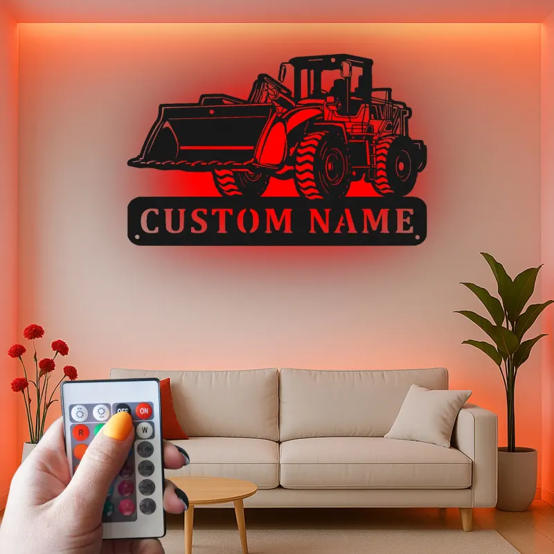 Décoration murale en métal personnalisée avec bulldozer rétroéclairé - Cadeau personnalisé pour passionné de construction - Décor de garage ou de bureau