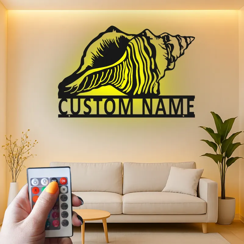 Insegna in metallo Conchiglia personalizzata con LED | Arte murale nautica personalizzata | Decorazione costiera per amanti dell'oceano