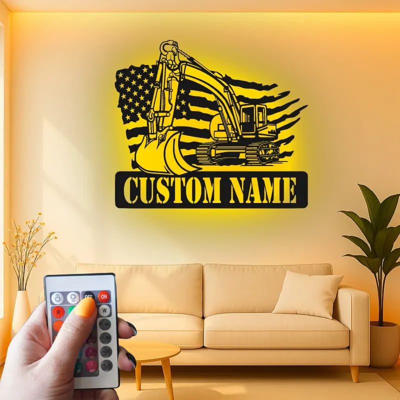 Décoration murale en métal LED personnalisée pour excavateur - Cadeau pour travailleurs de la construction - Décor de garage ou de bureau