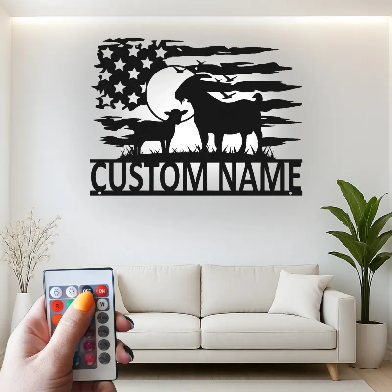 Insegna in metallo con capra e bandiera americana | Arredo LED personalizzato in stile farmhouse | Regalo su misura per amanti delle capre e arte per stalla