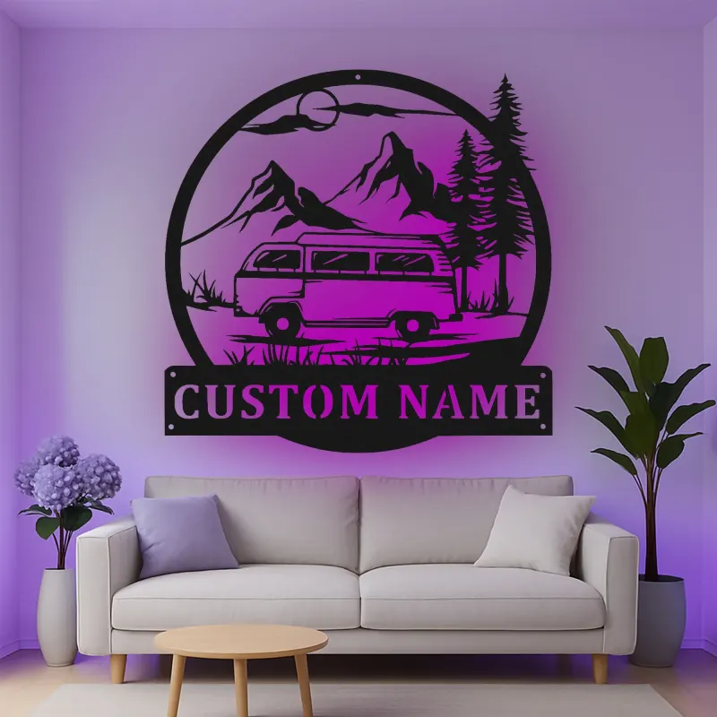 Cartel de metal LED con camper van personalizado, regalo para amantes de la aventura y decoración rústica