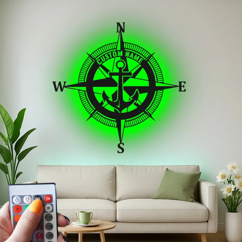 Insegna LED Personalizzata con Bussola Nautica | Insegna in Metallo con Ancora | Decorazione Costiera per Casa e Barca
