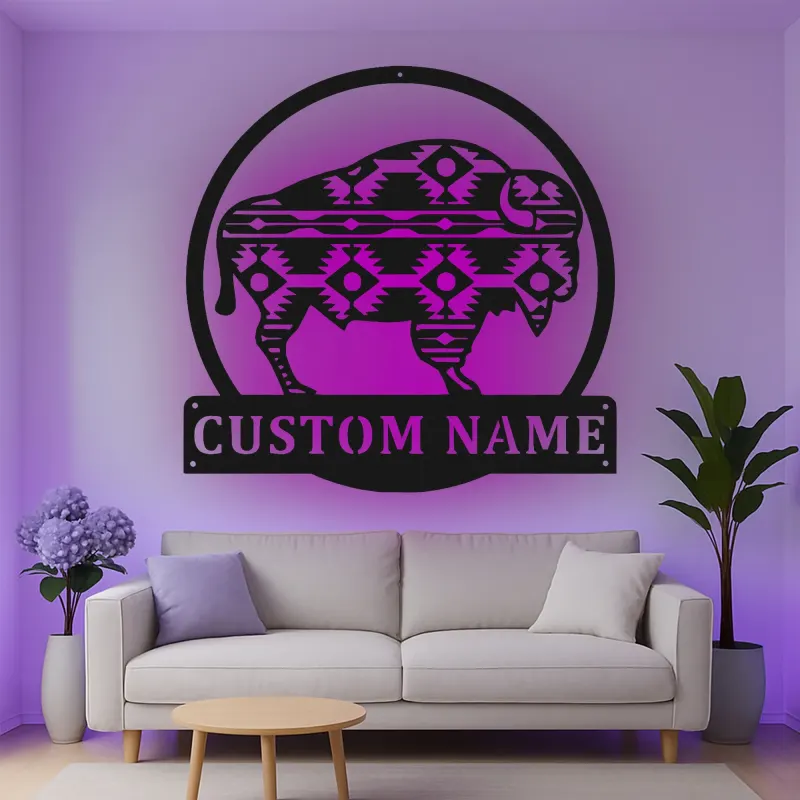 Insegna in metallo LED personalizzata con bufalo, regalo per amanti della natura, decorazione rustica per casa