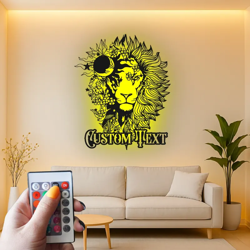 Lion Metal Wall Art with LED Light | Custom Floral Name Sign | Boho Celestial Wildlife Decor for Home & Office