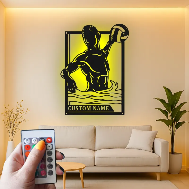 Custom Water Polo Player Led Light Metal Wall Art Personalized Sports Gift for Athletes Game Room Decor
