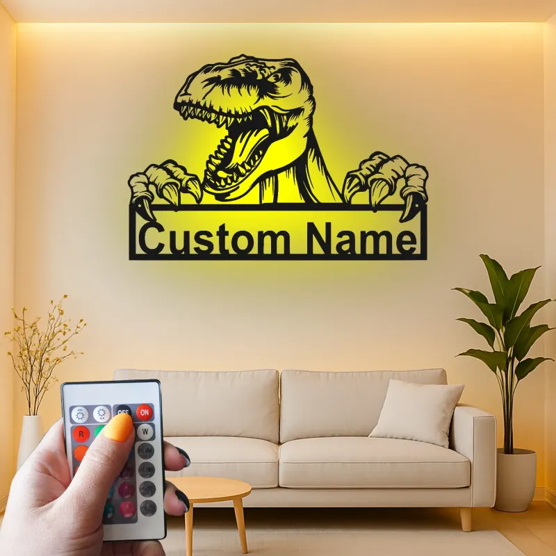 Custom T-Rex Led Light Metal Wall Art Personalized Dinosaur Gift for Kids Unique Bedroom Decor