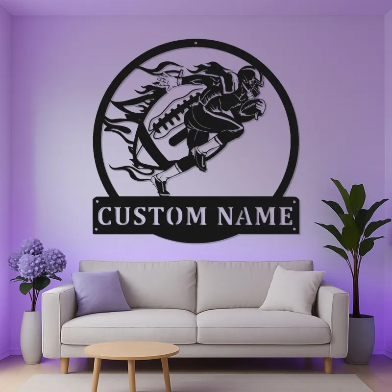 Cartel de metal personalizado de jugador de fútbol americano | Arte mural LED personalizado para habitación infantil | Regalo decorativo para deportistas en día de partido