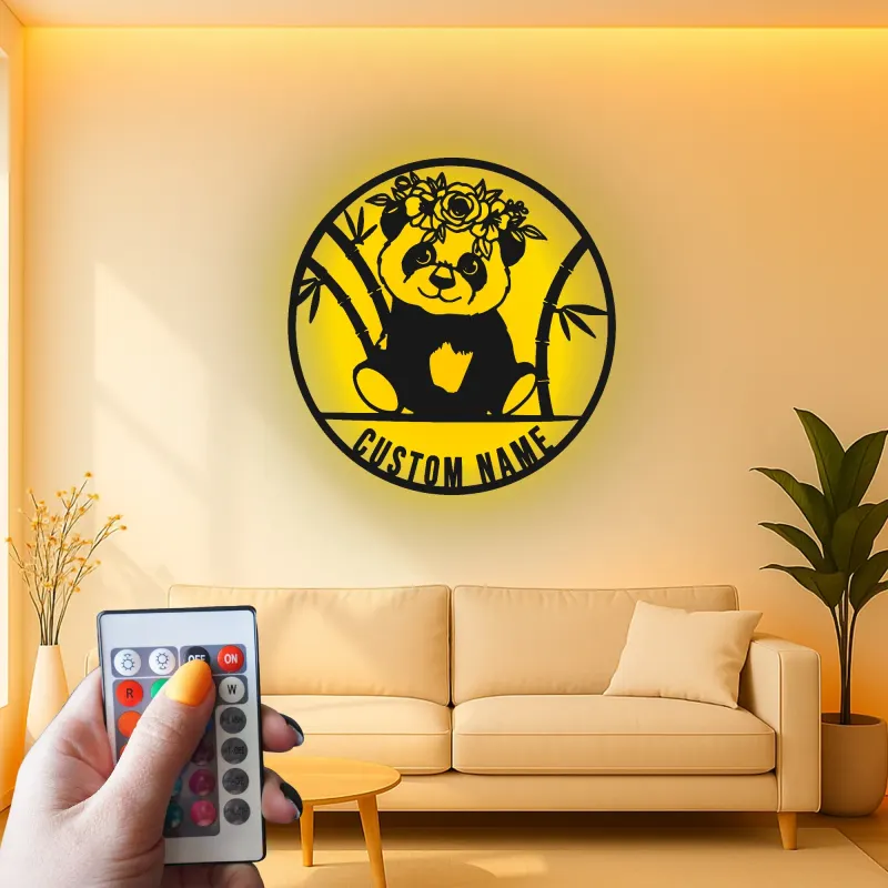 Panneau en métal pour bébé panda personnalisé | Décor de nursery LED personnalisé | Panneau avec couronne florale | Cadeau mignon pour chambre d'enfant