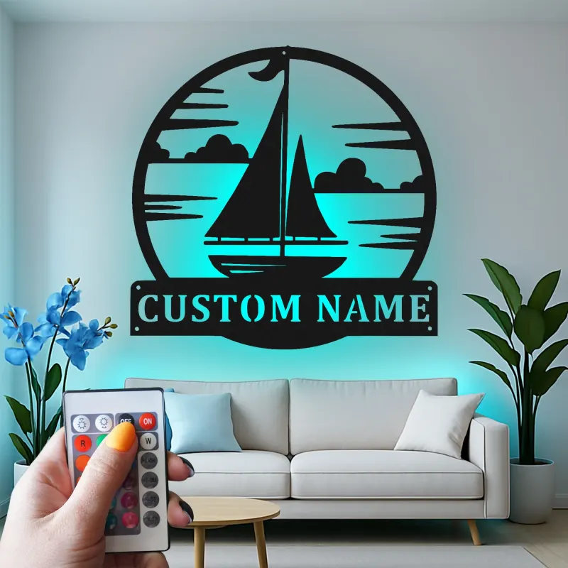 Personalized Sailboat Metal Sign with LED | Nautical Wall Art for Coastal Home | Custom Beach House Decor & Boating Gift
