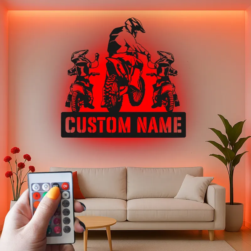Insegna in metallo personalizzata Motocross Family con LED per appassionati di moto da cross, regalo per garage o man cave