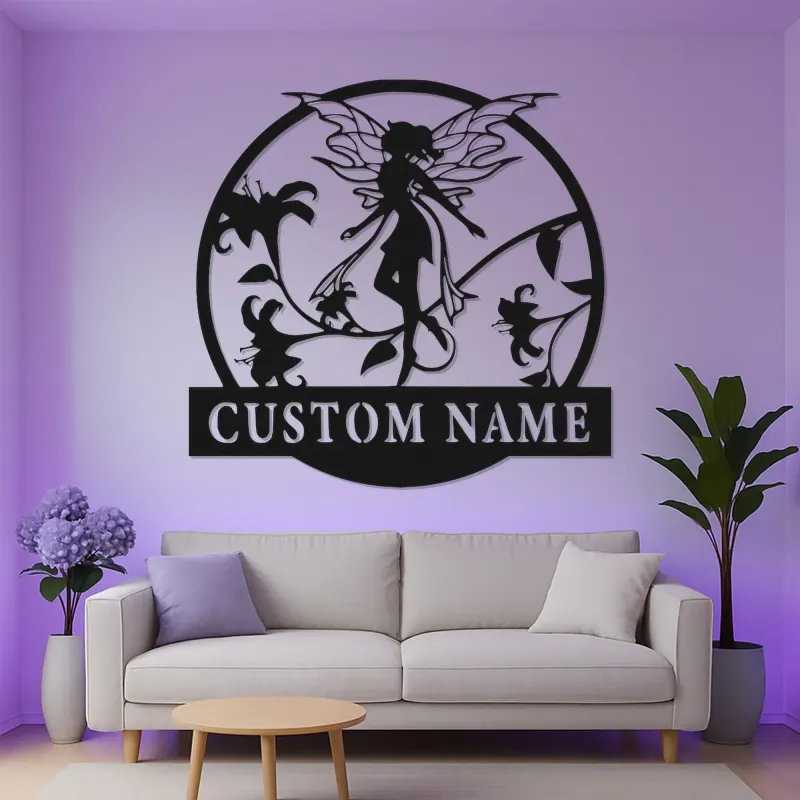 Personalisierte Feen-Namensschild | LED Metall-Wandkunst für das Mädchenzimmer | Individuelle Babyzimmer-Dekoration | Verzauberndes Feen-Garten-Geschenk
