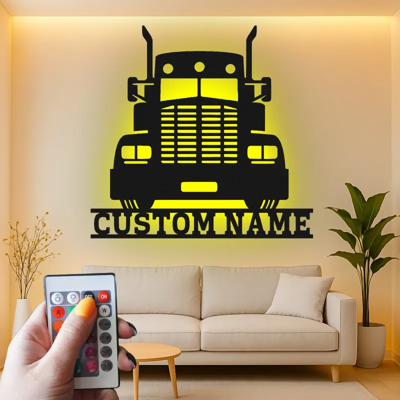 Cartel de Metal de Camión Semi Personalizado | Arte de Pared LED Personalizado para Camioneros | Decoración de Garaje de Gran Camión Regalo para Él