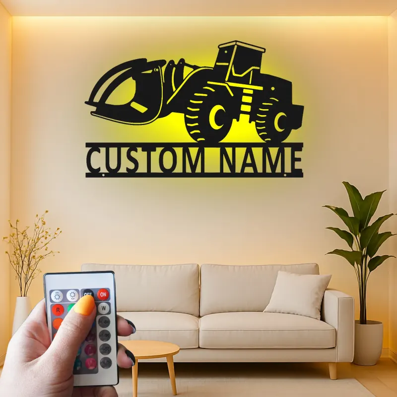 Décoration murale en métal LED personnalisée pour excavateur - Cadeau pour passionnés de construction - Décor de garage ou de bureau