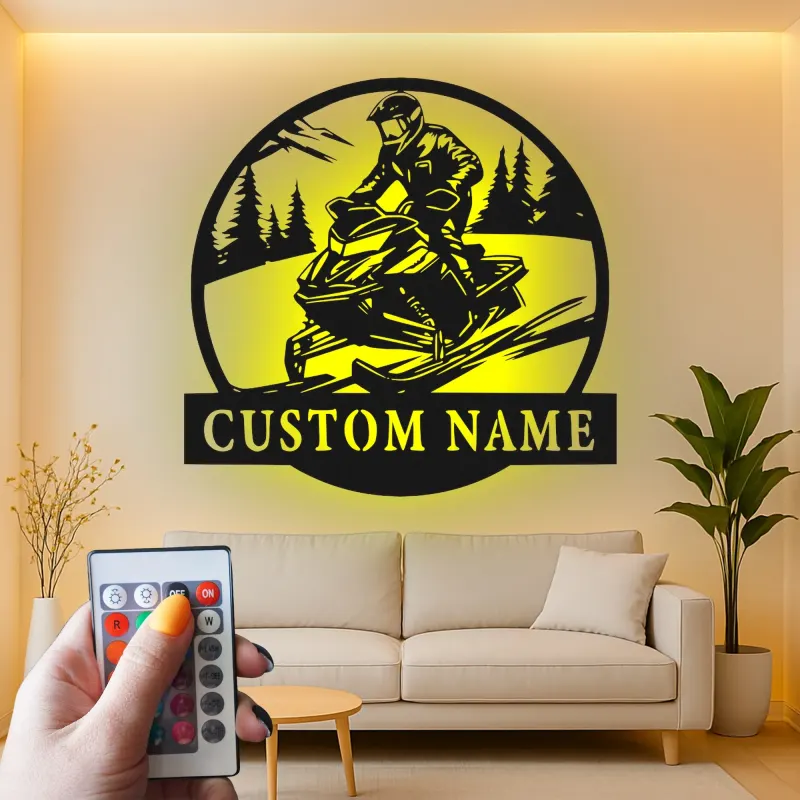 Custom Snowmobile Rider LED Metal Wall Art | Personalized Winter Sport Decor | Snowmobiling Gift for Riders | Cabin Wall Accent Sign