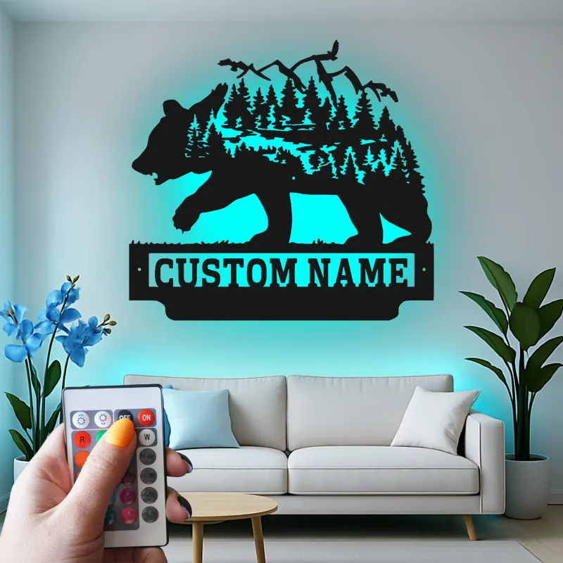 Décoration murale en métal personnalisée avec éclairage LED Forêt d'Ours Cadeau pour Amateurs de Nature Décor de Cabane 1