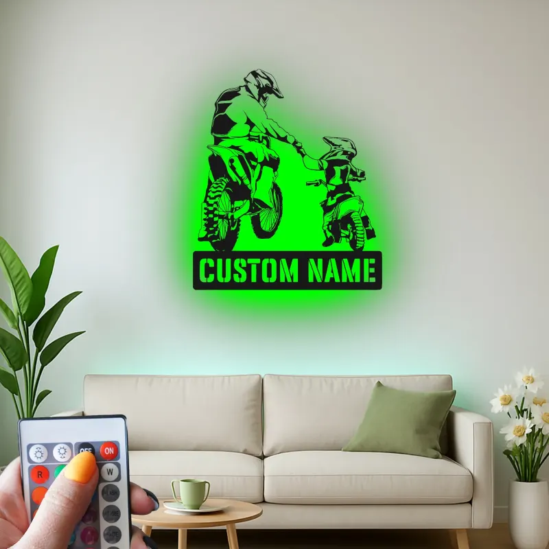 Cartel de Motocicleta Personalizado para Padre e Hijo | Arte de Pared LED para Motocross | Regalo Personalizado para Papá