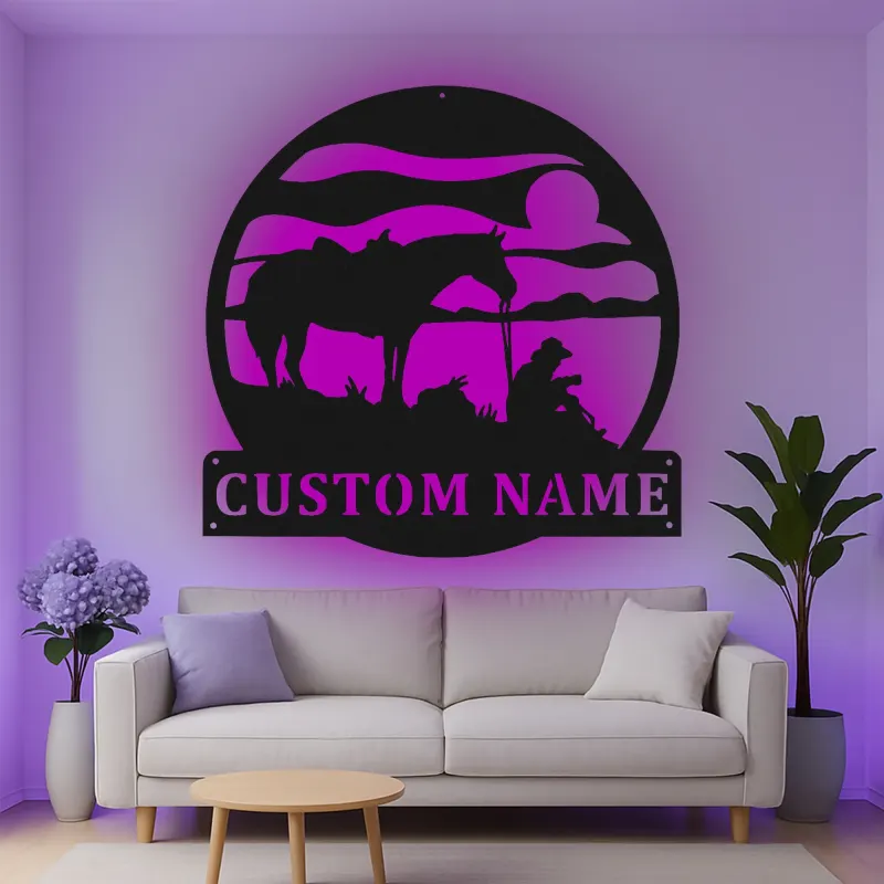 Insegna in metallo LED personalizzata con cowboy e cavallo - Regalo western per lui, decorazione rustica per ranch 2