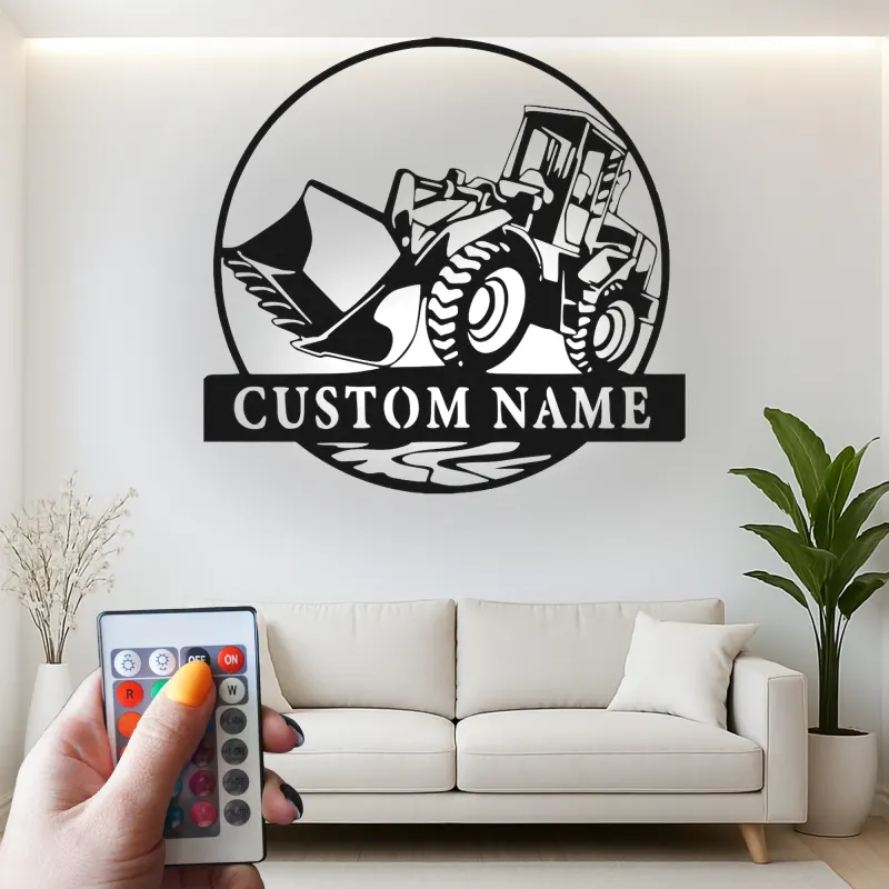 Décoration murale en métal personnalisée avec rétroéclairage Bulldozer - Cadeau pour passionnés de construction - Décor de garage ou atelier