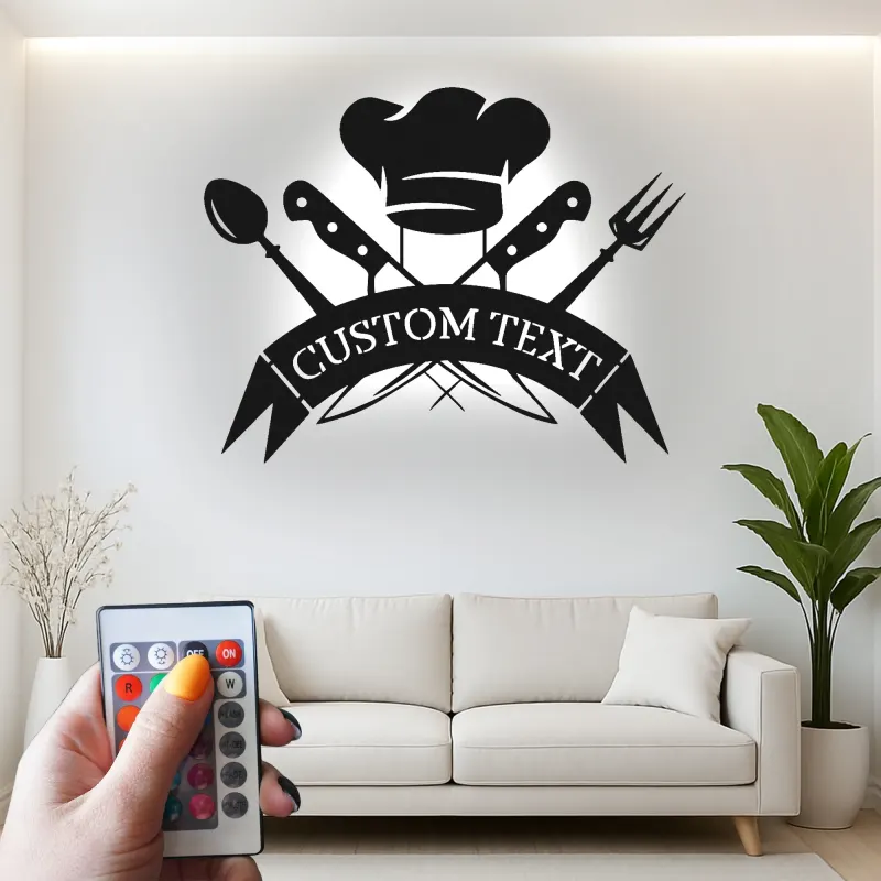Décoration murale en métal personnalisée Chapeau de Chef et Ustensiles avec rétroéclairage LED