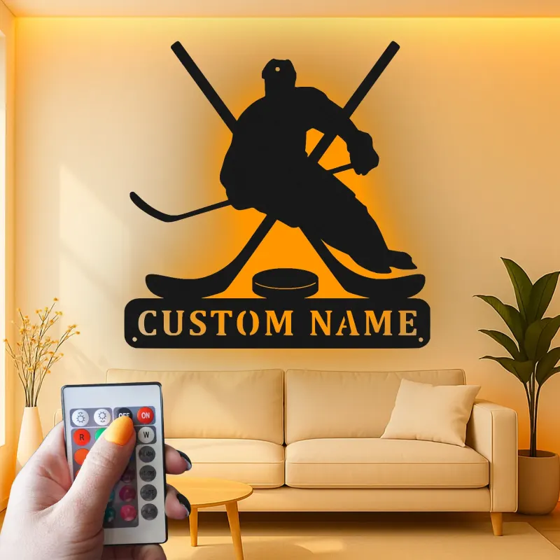 Custom Hockey Player Metal Sign | LED Light Wall Art | Personalized Game Room Decor | Hockey Fan Gift