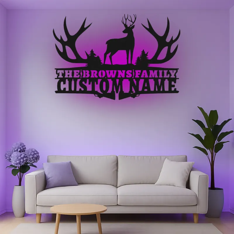 Insegna in metallo LED a forma di corna di cervo personalizzata - Regalo per nome di famiglia per decorazione rustica di cabin
