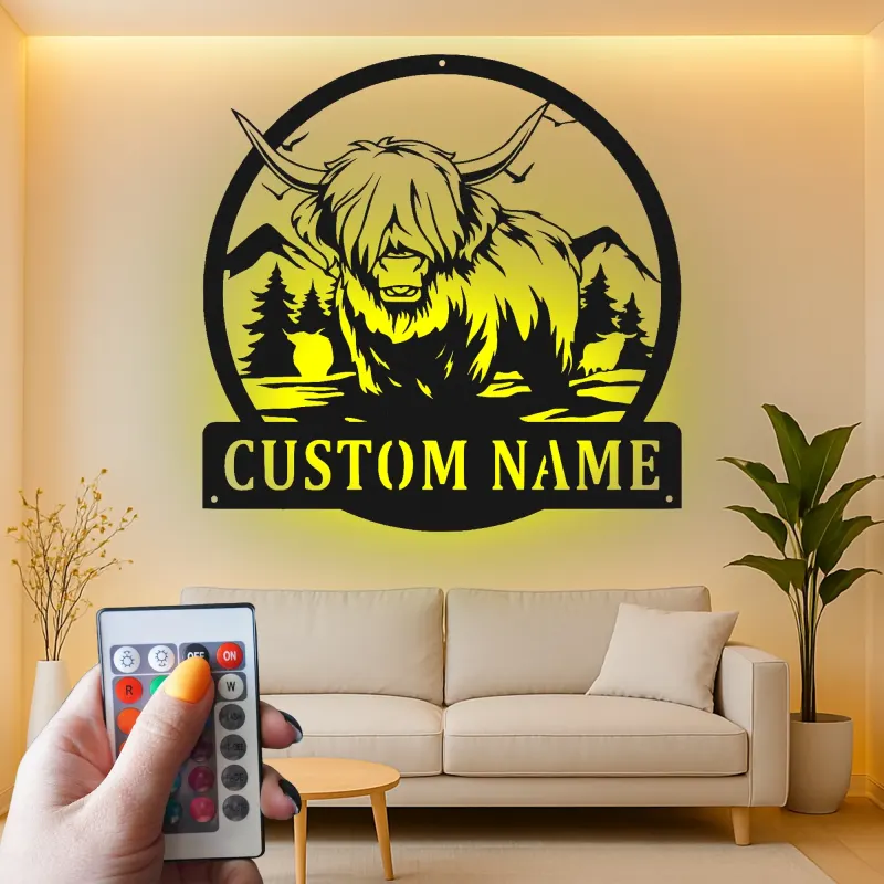 Decoración mural de metal LED de vaca de las Highlands | Letrero personalizado para rancho con luces | Decoración farmhouse personalizada para hogar y negocio
