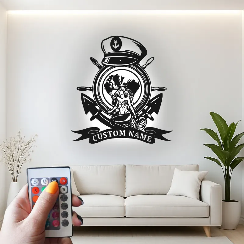 Insegna in metallo Nautica Sirena con LED | Arte murale personalizzata Ancora e timone | Regalo per amante del mare per capitano di barca o man cave