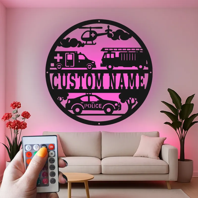 Cartel LED de Primeros Respondedores | Arte Mural de Metal Personalizado | Regalo para Policía, Bombero, EMT Héroe | Decoración para Hogar y Oficina
