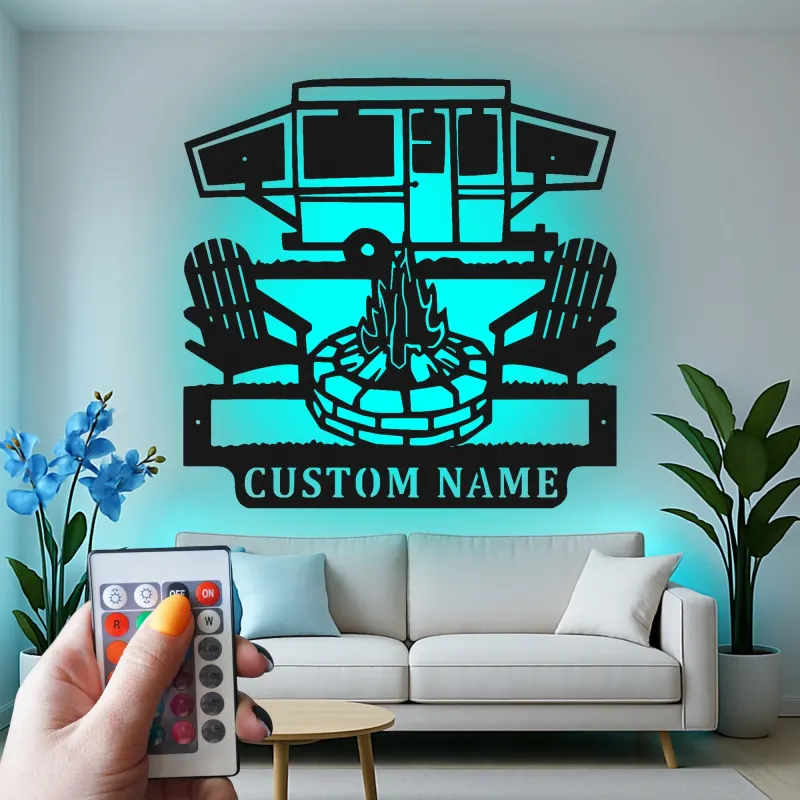 Custom Camper and Firepit Led Light Metal Wall Art Personalized Camping Gift Outdoor Patio Decor