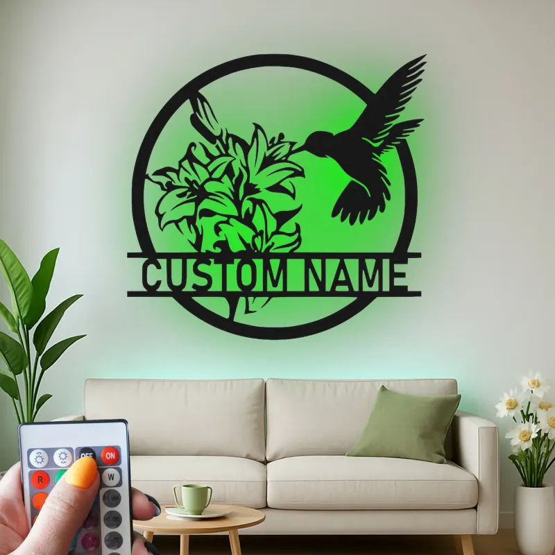 Hummingbird & Lily LED Metal Wall Art | Personalized Name Sign for Home | Custom Floral Bird Decor for Garden Lovers