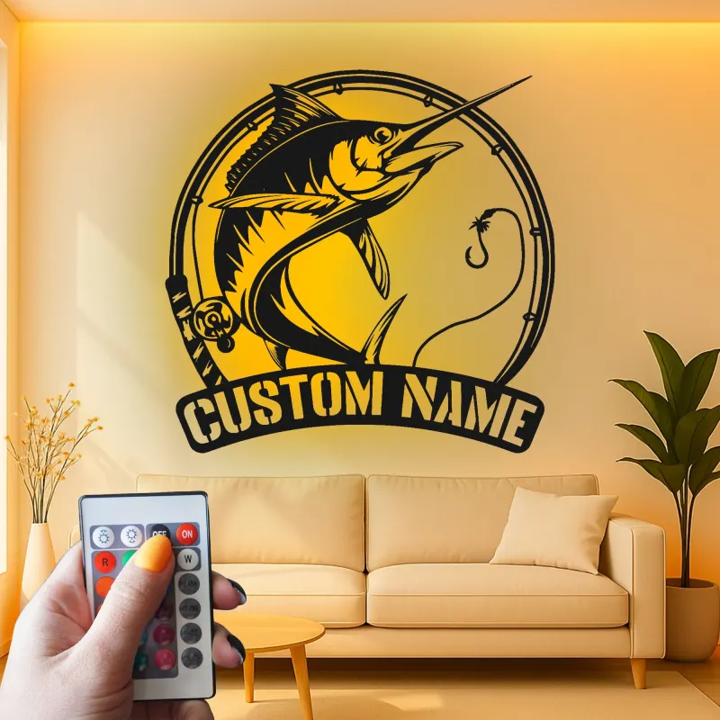 Décoration murale en métal Marlin Fish avec LED | Cadeau personnalisé pour pêcheur | Décor nautique pour man cave | Enseigne de pêche sportive