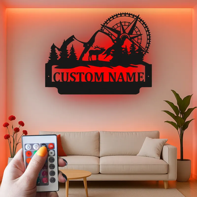 Letrero LED de bicicleta de montaña y alce | Decoración mural de metal personalizada para cabaña rústica | Regalo personalizado para amantes de la aventura al aire libre y el ciclismo