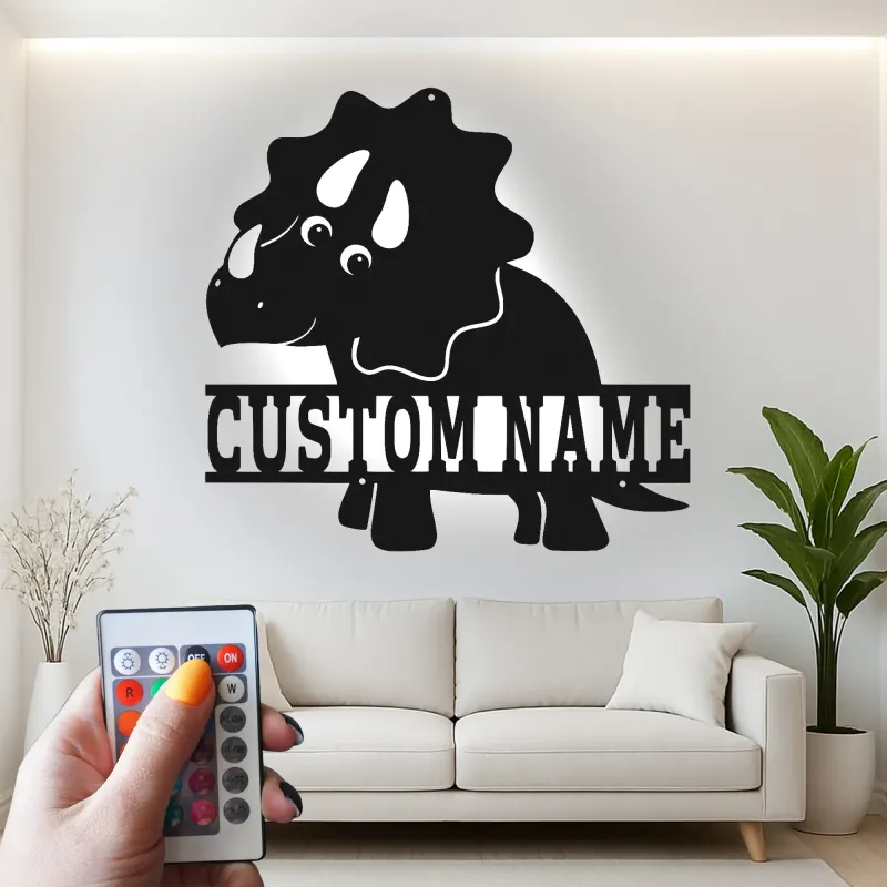 Insegna in metallo personalizzata Triceratopo con luce LED regalo personalizzato per decorazione camera nursery per bambini