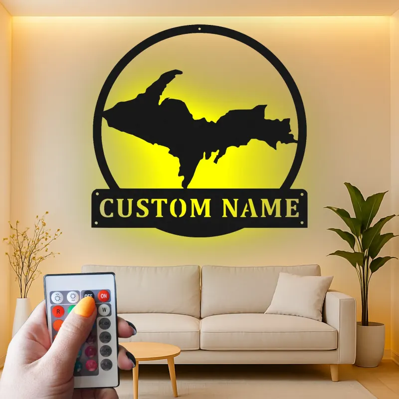 Cartel de metal personalizado con luz LED de la Península Superior, regalo personalizado de Michigan, decoración para la sala de estar o la oficina