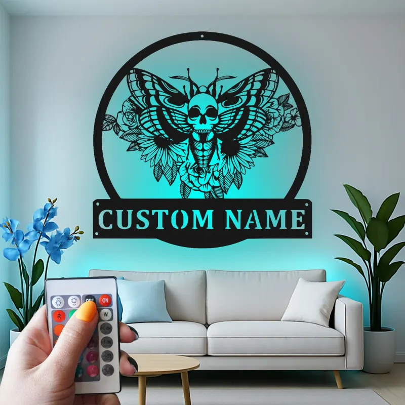Cartel LED de polilla de cabeza de muerte personalizado | Arte mural gótico de metal | Decoración de hogar personalizada para brujas